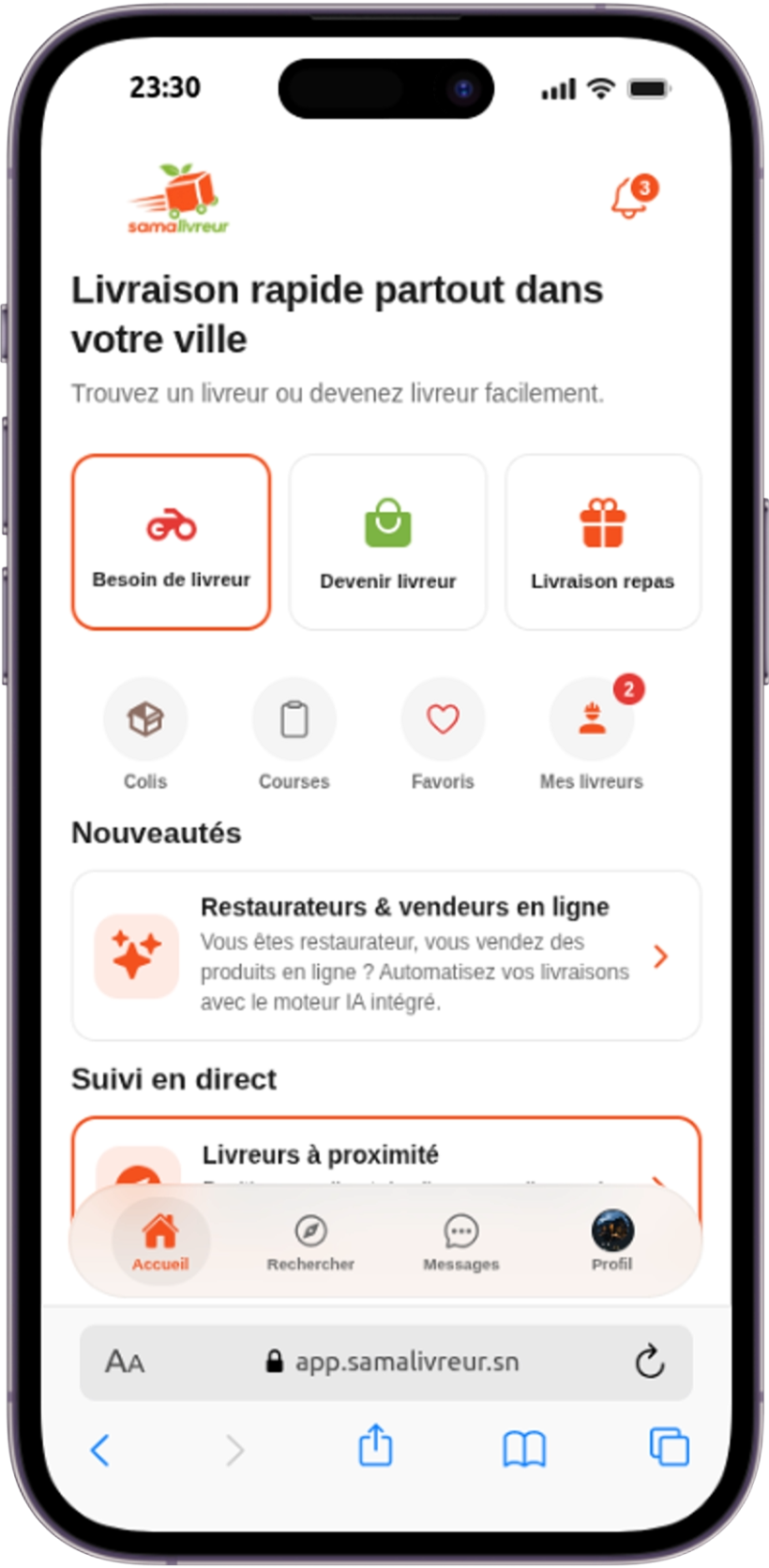 Écran d'accueil de l'application samalivreur