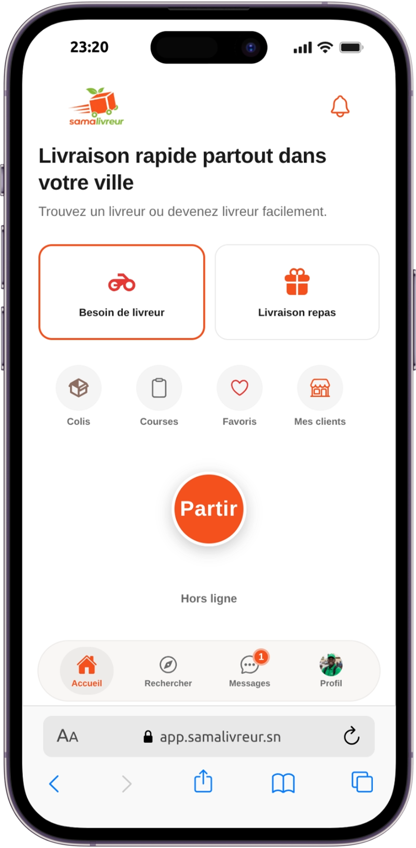 Bouton Partir pour activer le mode livreur