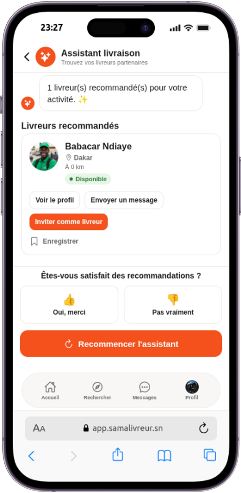 Assistant livraison avec recommandations de livreurs