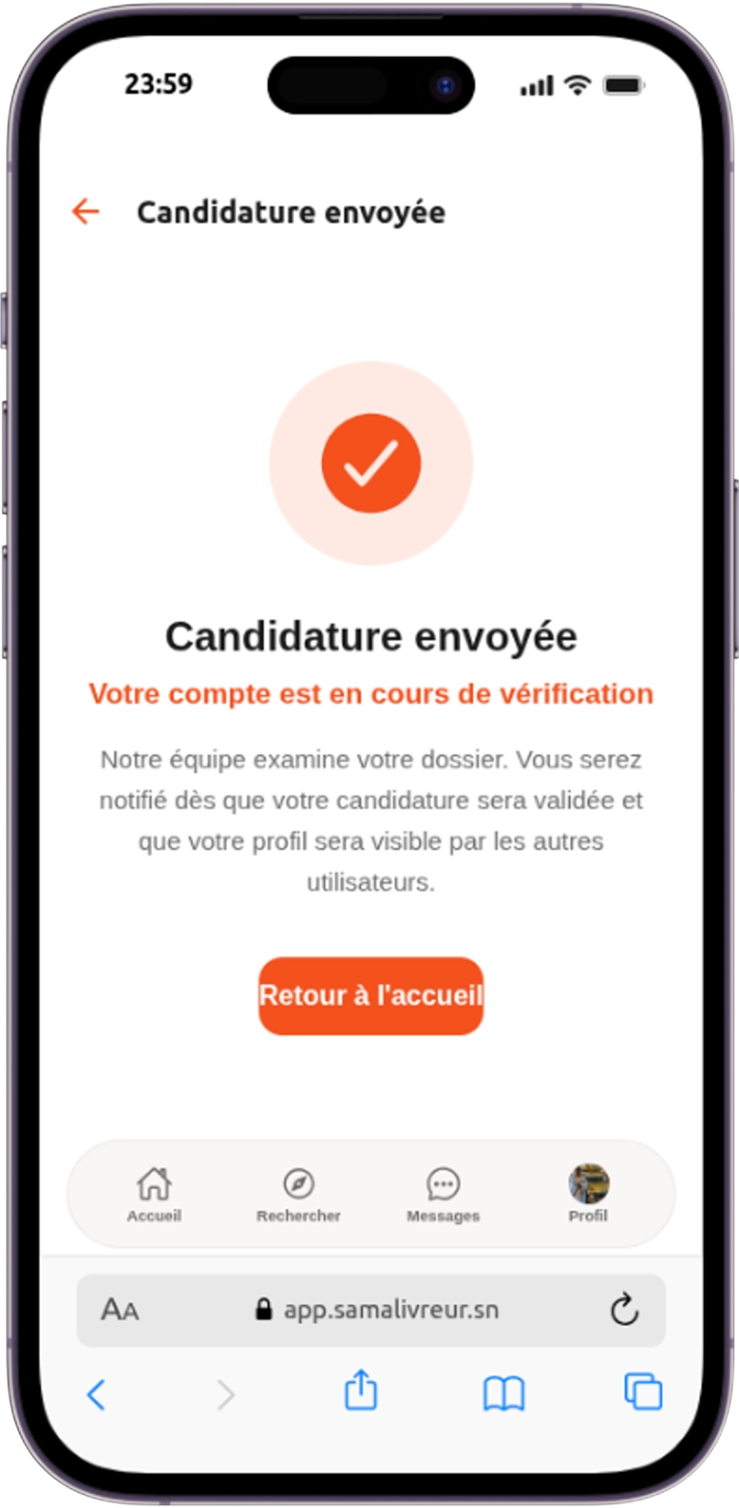 Confirmation de candidature livreur envoyée