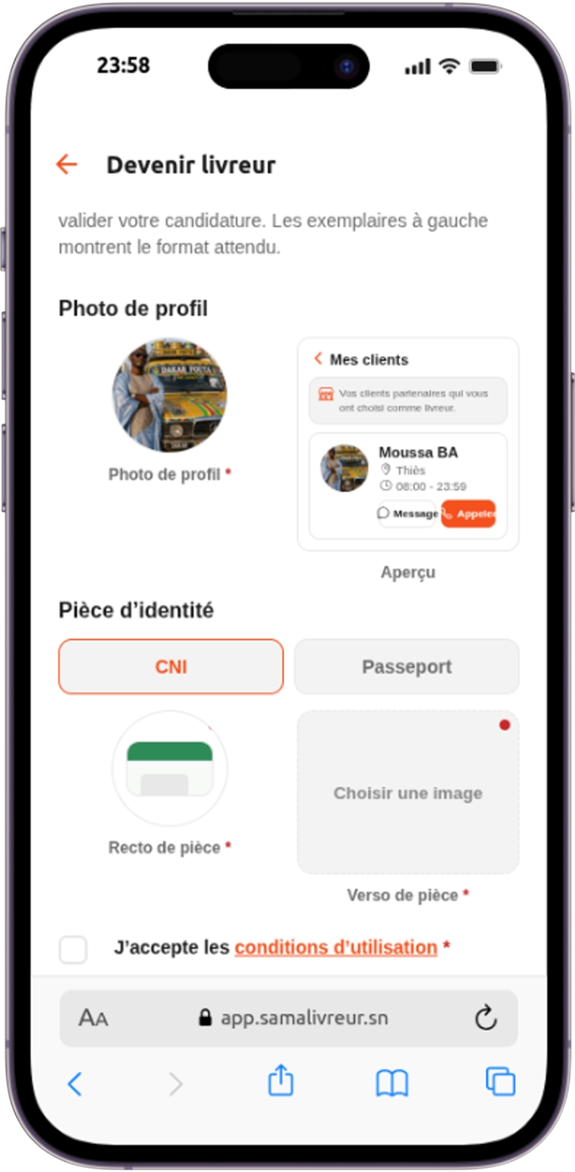 Formulaire d'inscription livreur avec aperçu du profil