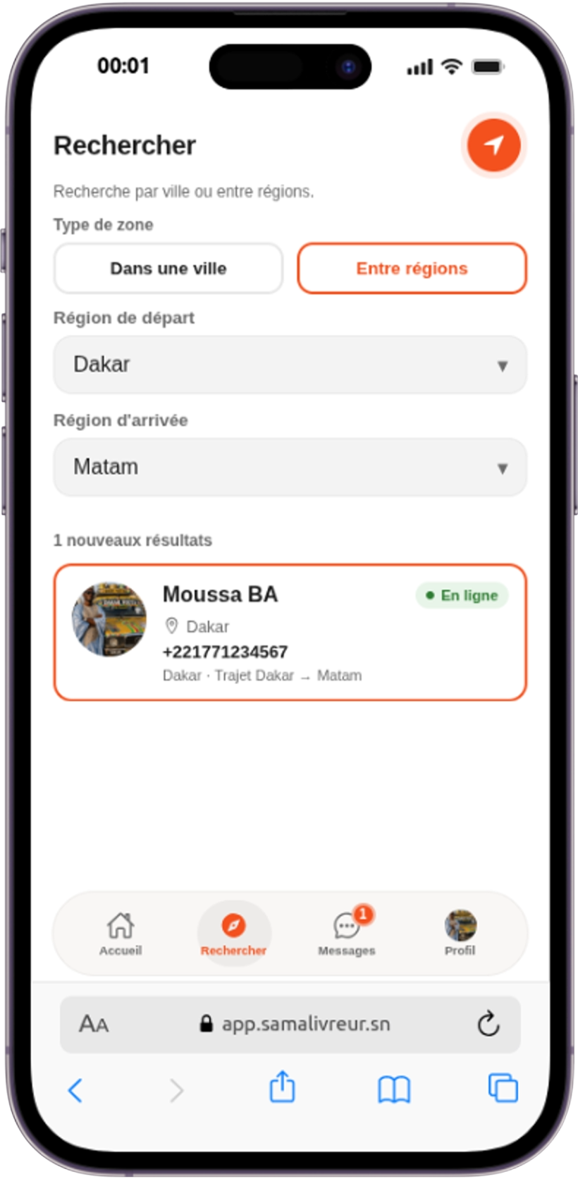 Écran de recherche de livreur par région